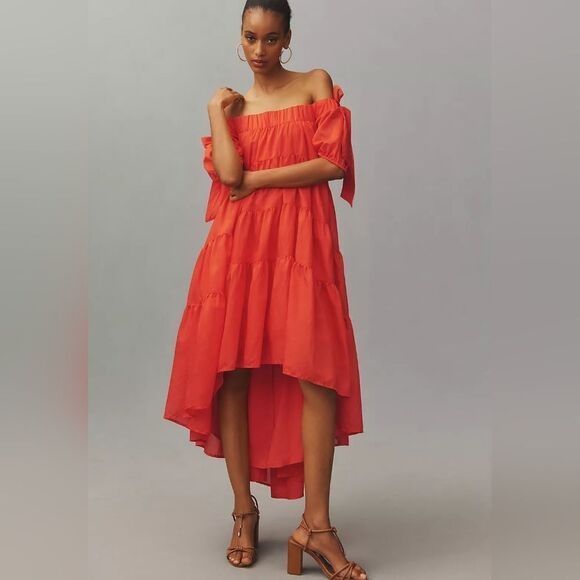 By Anthropologie Off-The-Shoulder Tiered High-Low Midi Dress size XS NEW - Picture 2 of 14
